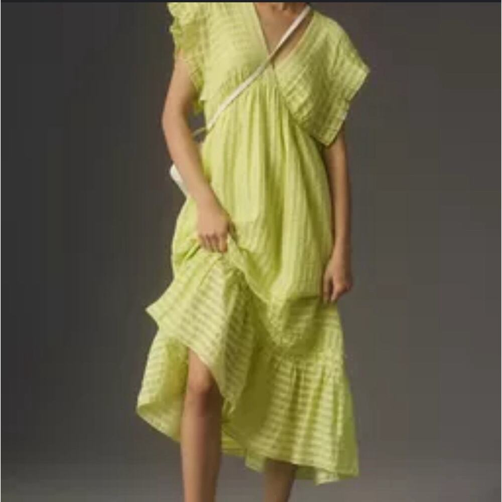 Anthropologie Flutter Sleeve Lime Green Midi Dress 3x resort beach summer ruffle